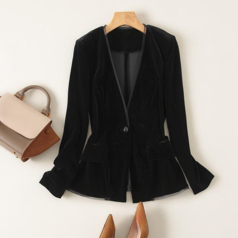 Matakawa Samt Frühling Herbst Blazer für Frauen Vintage Solid Black V-ausschnitt Elegante Chaquetas Büro Dame Einfache Blazer Mujer