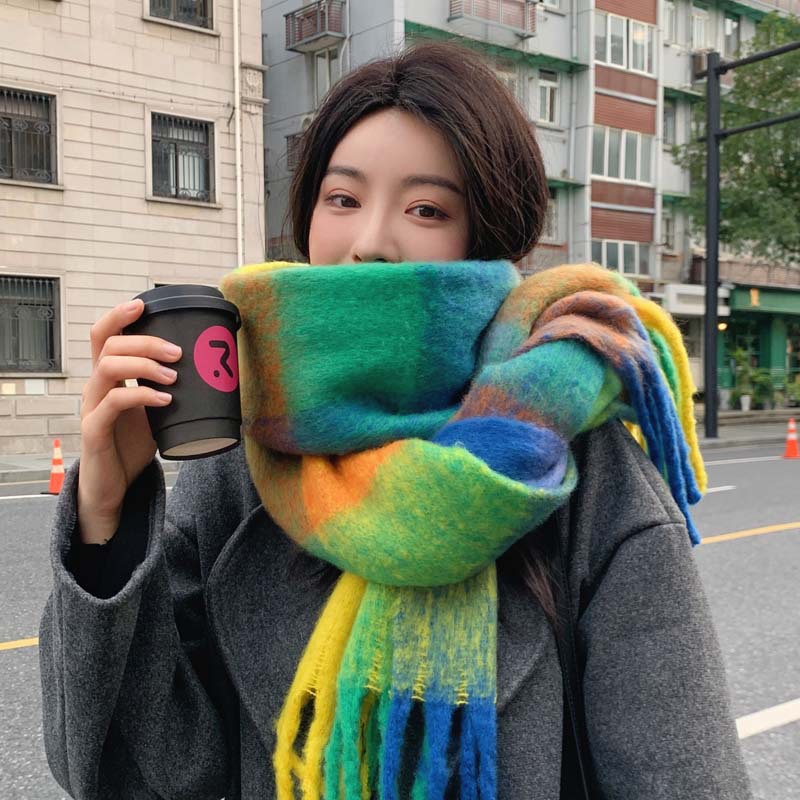 Regenboog geruite sjaal voor dames herfst-winter premium kleur bijpassende franje mohair verdikte sjaal 24W027