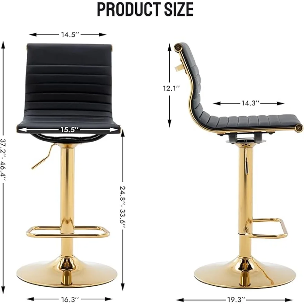Set of 2 Metal Bar Stools Chairs, Modern Black PU Leather Armless Counter Stool with Golden Base, Height Adjustable Barstools