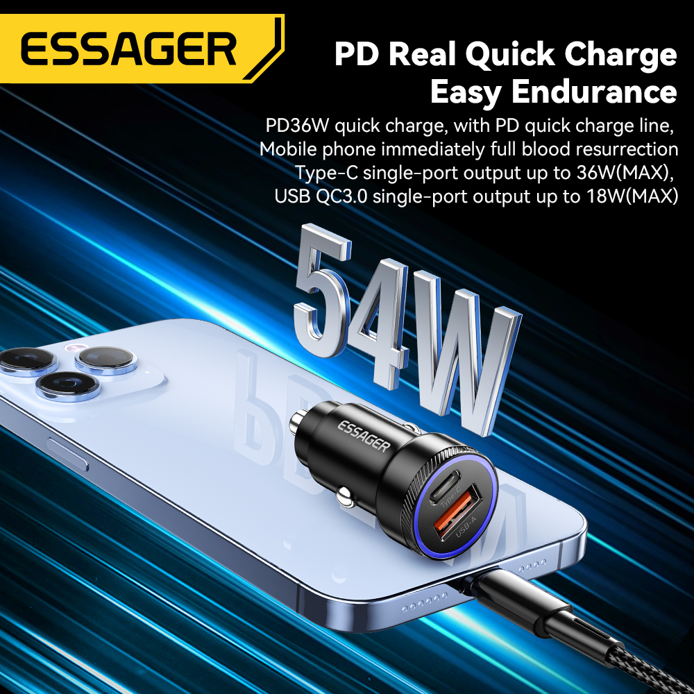 Cargador de coche Essager 54W 5A carga rápida tipo C carga rápida 3,0 QC PD 3,0 SCP cargador de coche USB para Xiaomi Samsung Iphone cargador