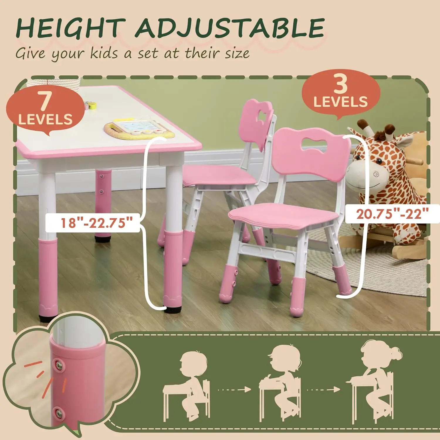 Qaba Kids Table And Chair Set, 5 Piece Toddler Table And Chair Set With 4 Chairs Adjustable Height, For Snack Time,