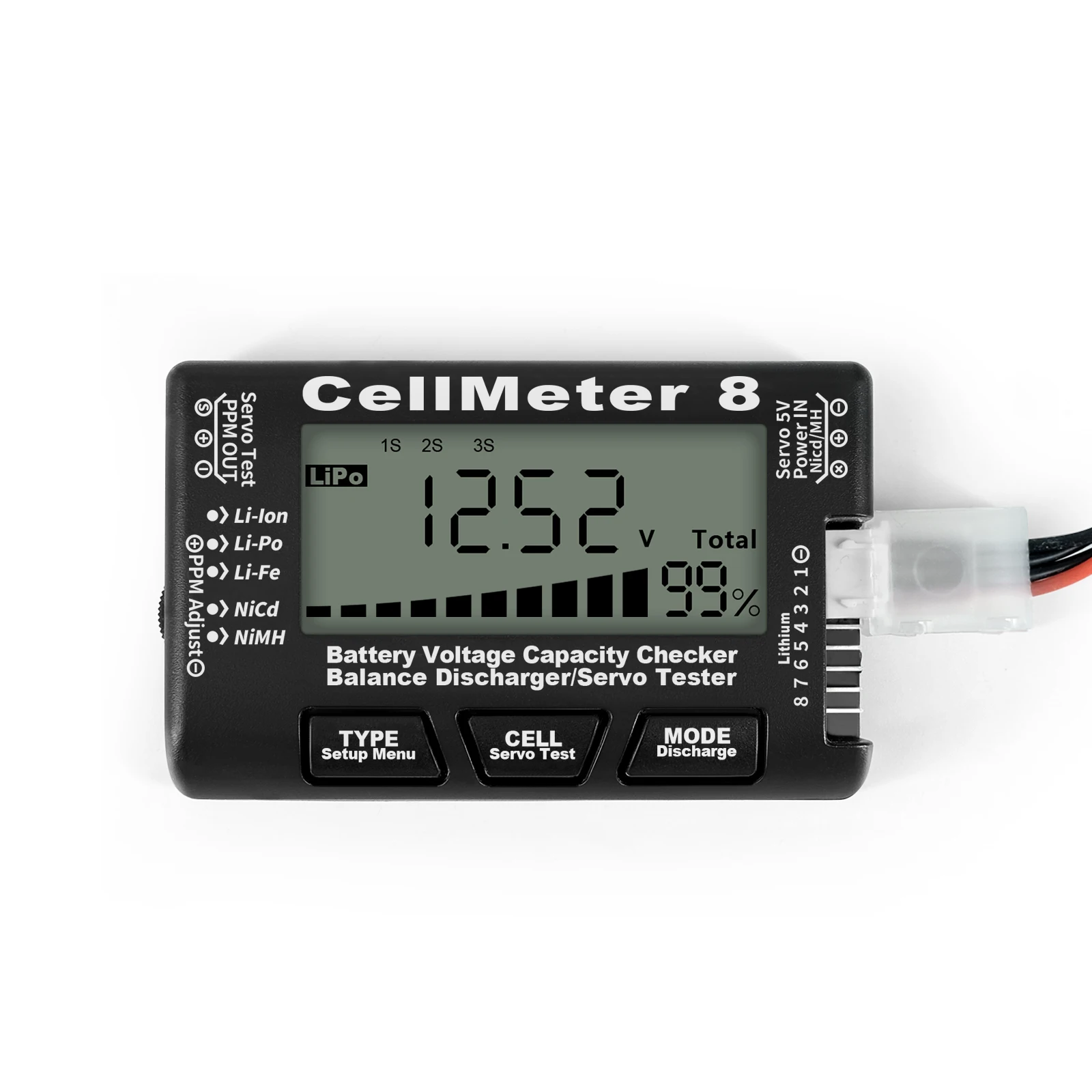 LCD แบตเตอรี่ดิจิตอลเครื่องตรวจสอบความจุ CellMeter RC CellMeter8 2-8S 4-8S Servo LiPo Li-lon NiMH เครื่องทดสอบแบตเตอรี่ RC CellMeter7