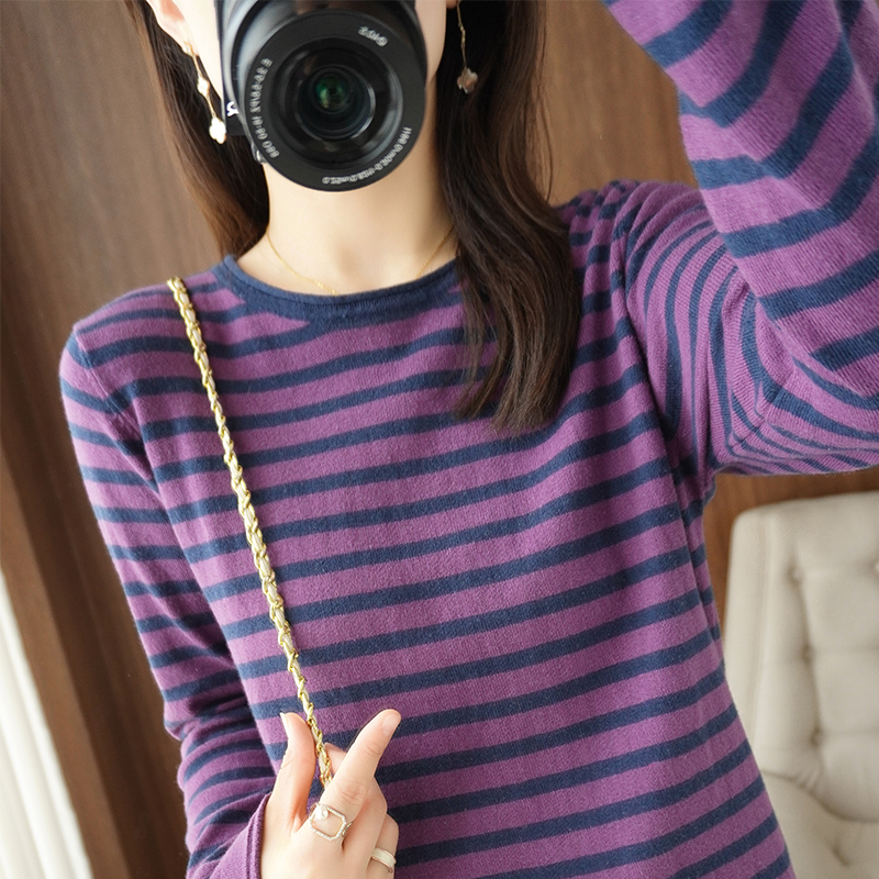 ผู้หญิงเสื้อกันหนาวผ้าฝ้าย 100% ม้วน O-คอ Strip Pullover ฤดูใบไม้ร่วงฤดูหนาวสบายๆถักเสื้อผ้าแฟชั่นนุ่ม Bottoming เสื้อกันหนาว Tops