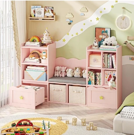 Bookshelf with Reading Nook, Kids Bookcase with Soft Cushion Seat, 2 Wheels Drawers and 8 Storage Cubbies, Toy Storage Orga