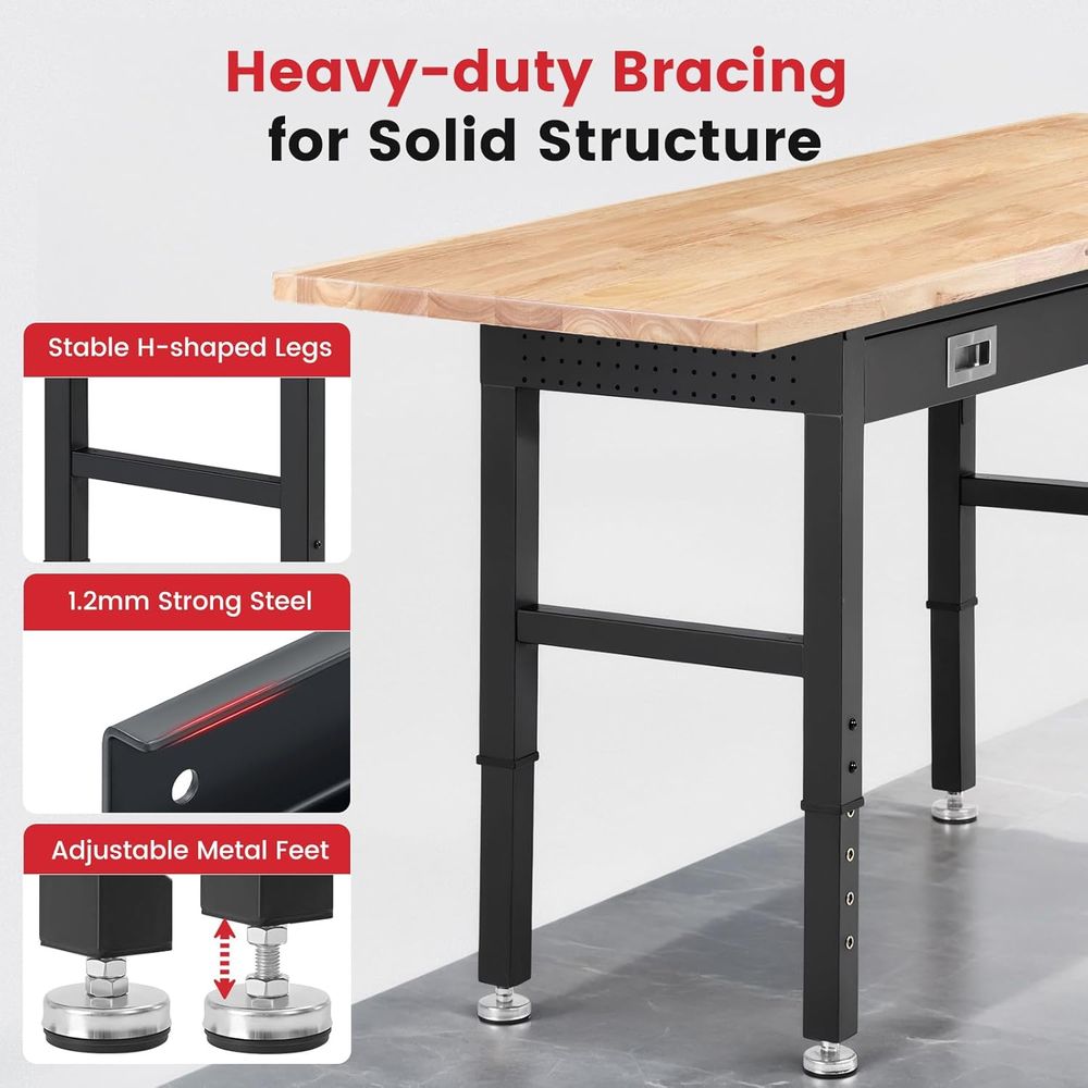 Work Bench with Ders Adjustable Workbenches or Garage 60 Inch Rubber Wood Top Garage Workbench with Pegboard,Power Outlets or Wo