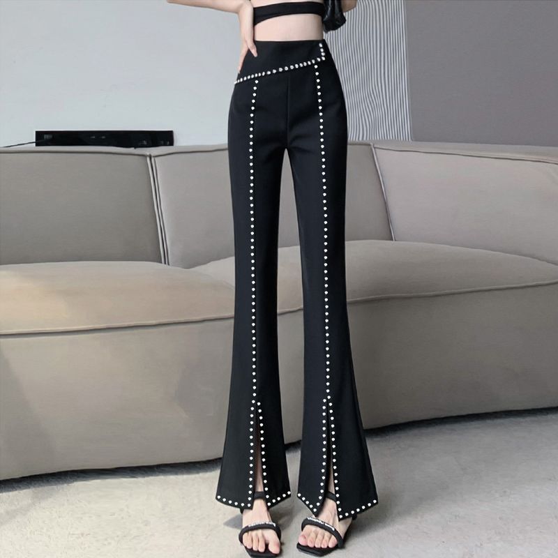 Korean Fashion Frauen Schwarz Flare Hosen Frühling Herbst Neue Schlanke Hohe Taille Streetwear Casual Split Alle-spiel Y2K Diamant hosen