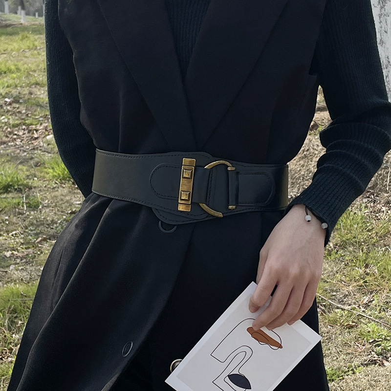 Cinturón ancho con hebilla de Metal para mujer, faja elástica elegante de PU, diseño ligero y elegante para vestidos, abrigos y trajes, 1 ud.