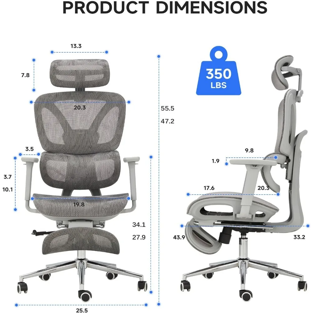 Ergonomic Mesh Office Chair with Foot Rest, Big and Tall Computer Chair with 3D Adjustable Headrest and 4D Armrest, 350 LBS Capa