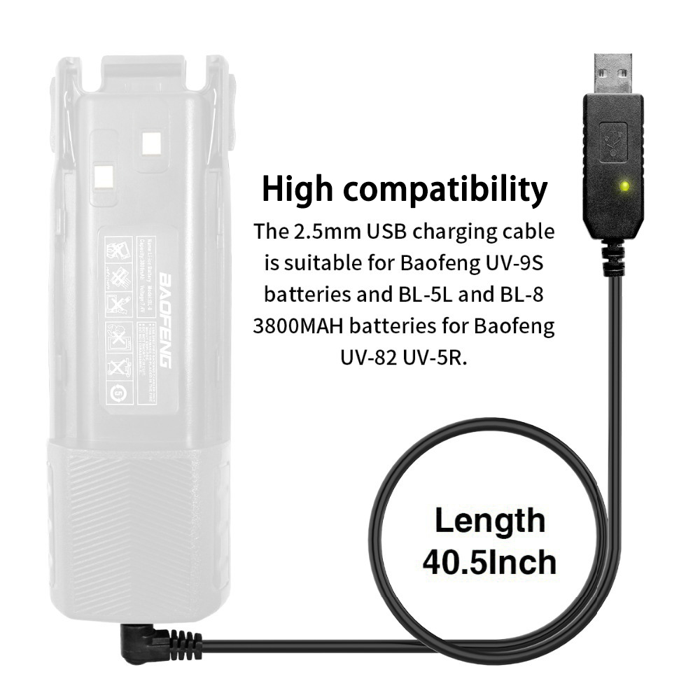 Cáp sạc USB 2.5mm có đèn báo hiệu cho Baofeng Walkie Talkie UV-5R UV-82 BL-5L pin dung lượng cao cho Radio 2 chiều