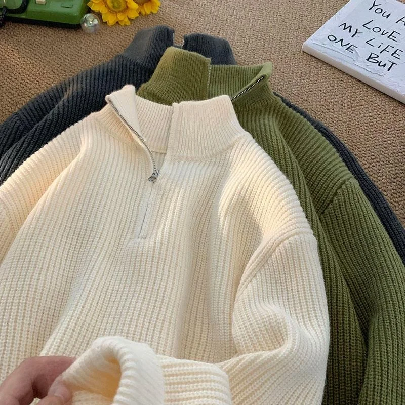 Thickened Half Zip High Collar Sweater Men's Autumn Ciboy Lazy Sle Top Versatile Couple Knitted Shirt Long Sleeve Crew Neck