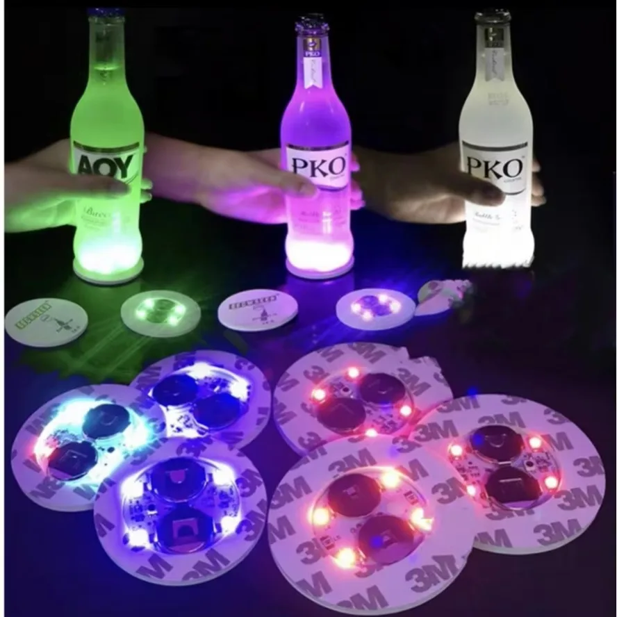 LED Emit Light Coaster Wholesale with Battery Wine Glass Mat Cup Pad Sticker Bottle Drinking Club Bar Party Decor Night Light