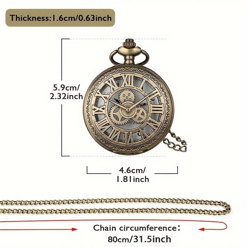 Vintage Hollow Steampunk Gear Design Quartz Pocket Watch with Necklace Pendant, World-Time Feature, Pointer Display Pocket Watch