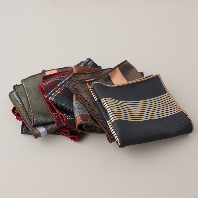 男性用韓国ジャカードポリエステルポケットスクエア、ネイビーブラウンストライプハンカチ、ハンキースーツタオル、ビジネスフォーマルクラバット、23cm