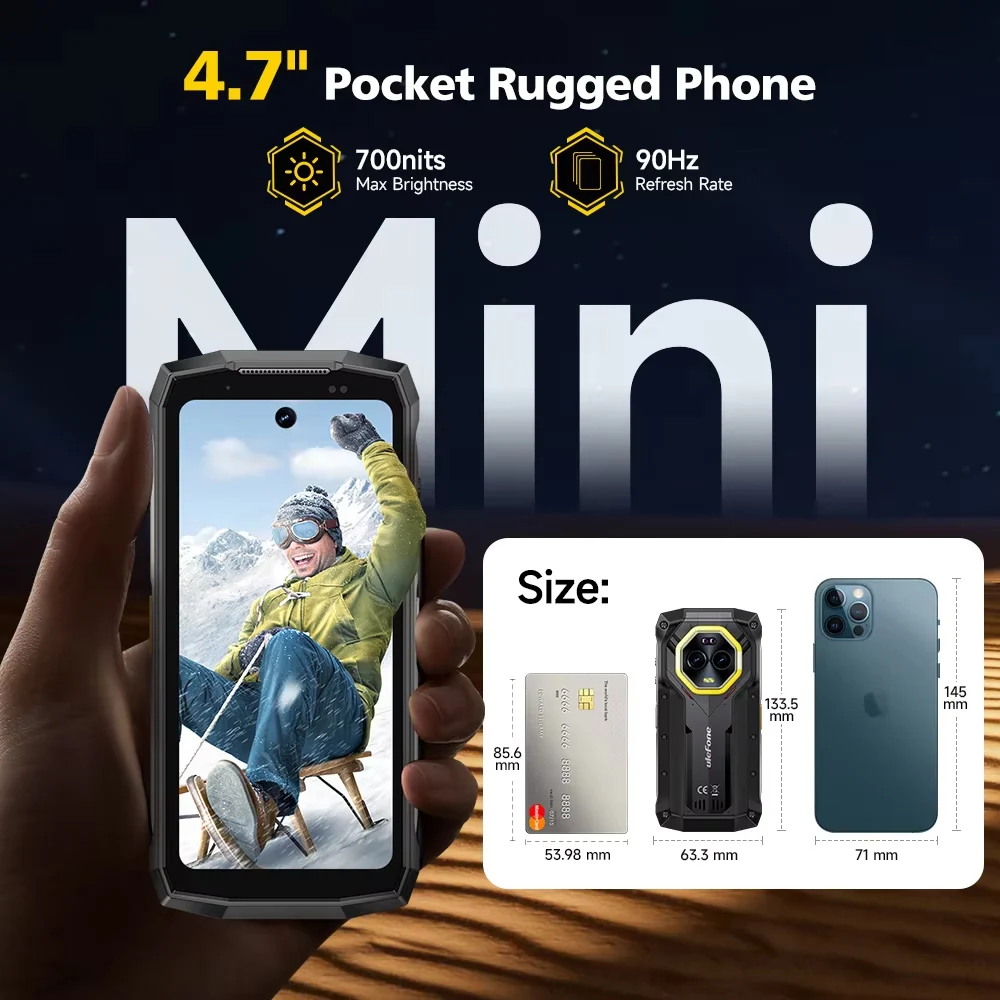 Ulefone Armor mini 20 4G 4.7" Display Telefone robusto 64MP Câmara noturna Luz LED versátil Smartphone Android 14 6200mAh 16GBRAM （8 + 8） 256GB ROM 33W