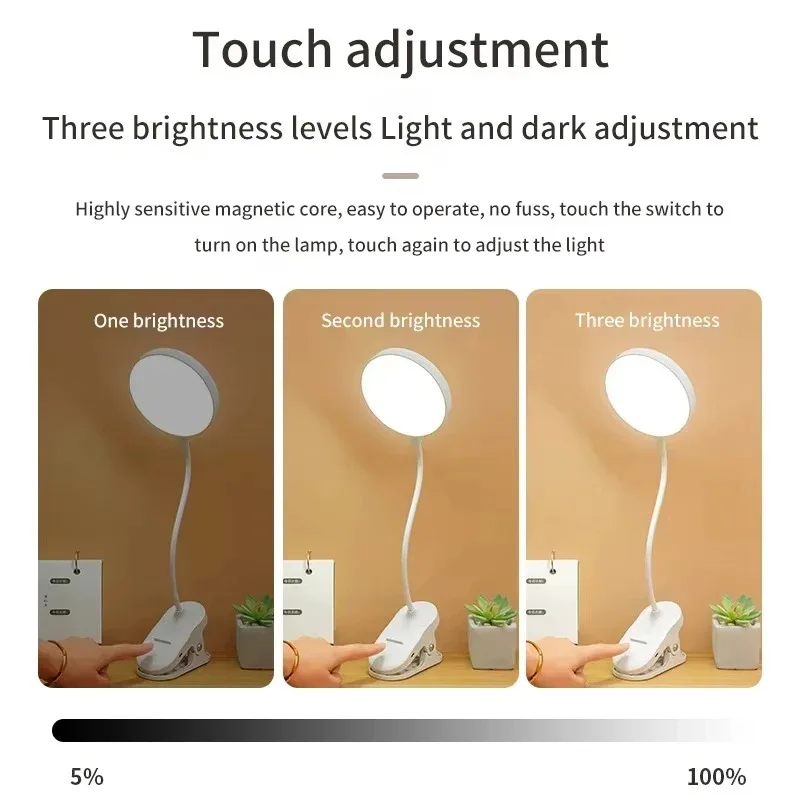 Lámpara de mesa Led, luz nocturna recargable por USB con abrazadera plegable, soporte de estudio, lámpara de lectura táctil, 3 modos de atenuación, luz de protección ocular