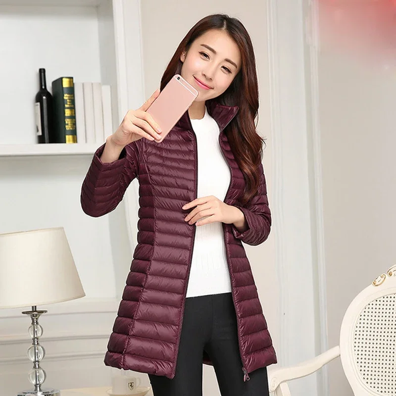 ฤดูใบไม้ร่วงฤดูหนาวผู้หญิงเป็ดสีขาวลงเสื้อแจ็คเก็ตหญิง ultra Light Slim บางซิป WARM Feather ยาวลงเสื้อคุณภาพดี Parkas