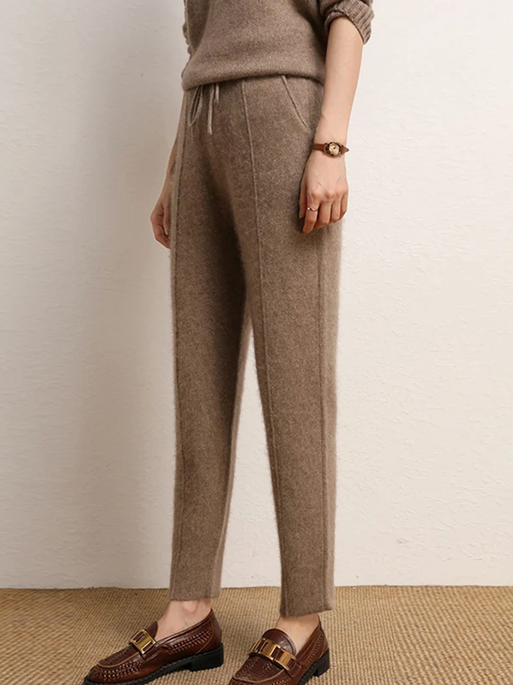 Pantalones 100% de lana para mujer, novedad de otoño e invierno, pantalones gruesos de punto de cintura alta, suaves y cómodos, pantalones finos elásticos para mujer