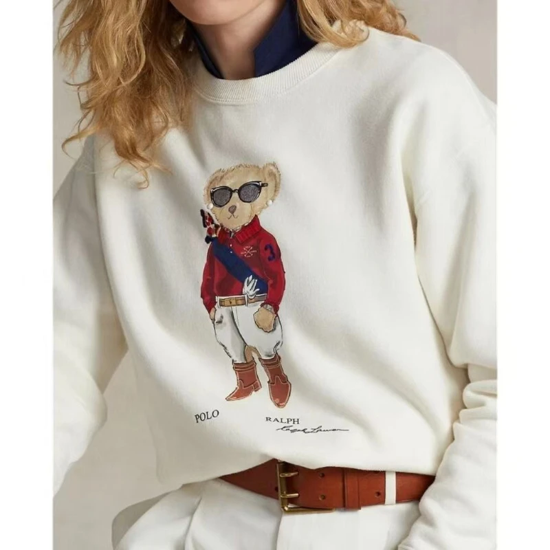 Nueva sudadera con capucha para mujer, jersey de cuello redondo con estampado de osos de peluche, Top holgado hecho de algodón puro de manga larga para otoño e invierno