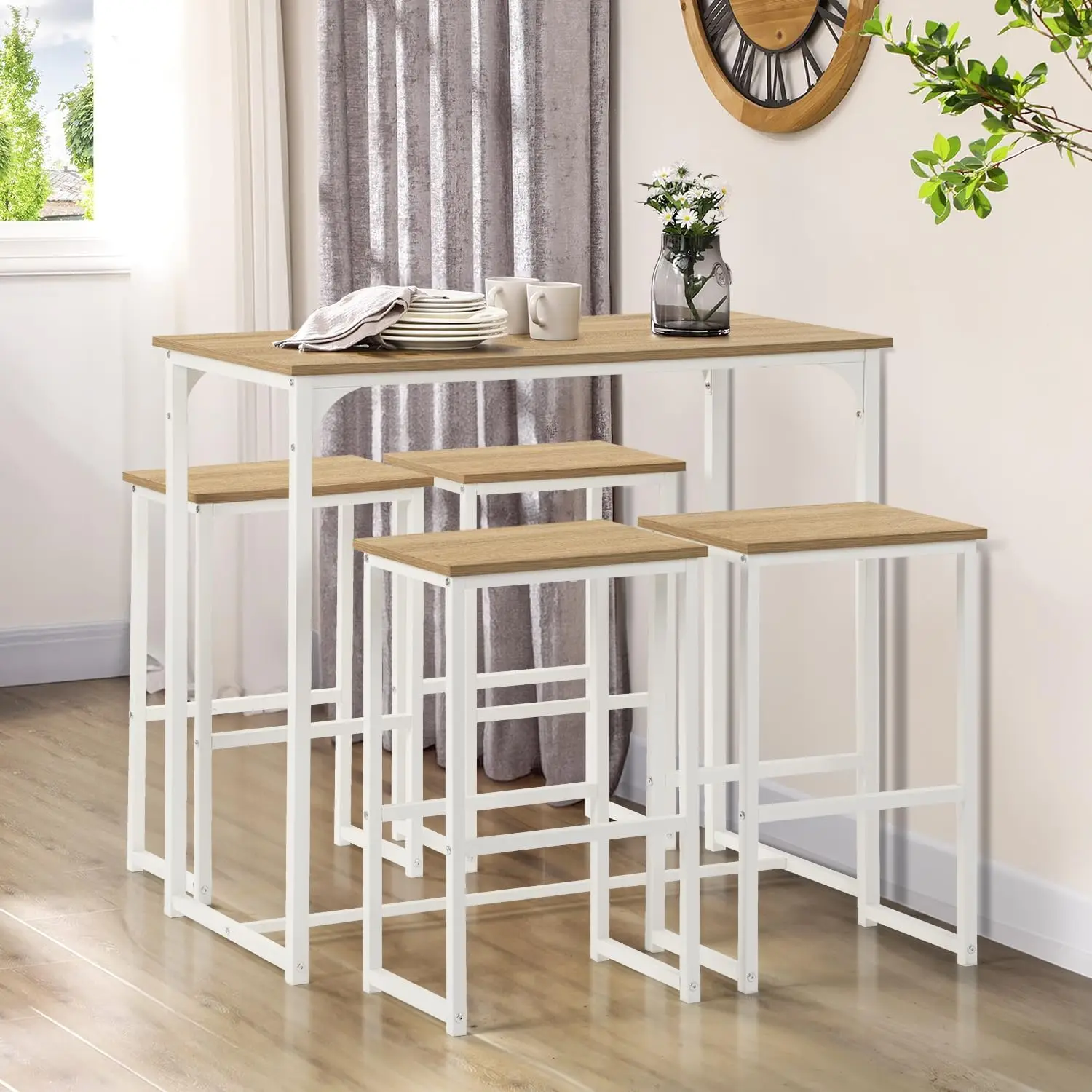 Mesa de Bar Alta Con 4 Taburetes - Juego de Comedor Para Cocina - Ahorro de Espacio, Rincón Para Casa