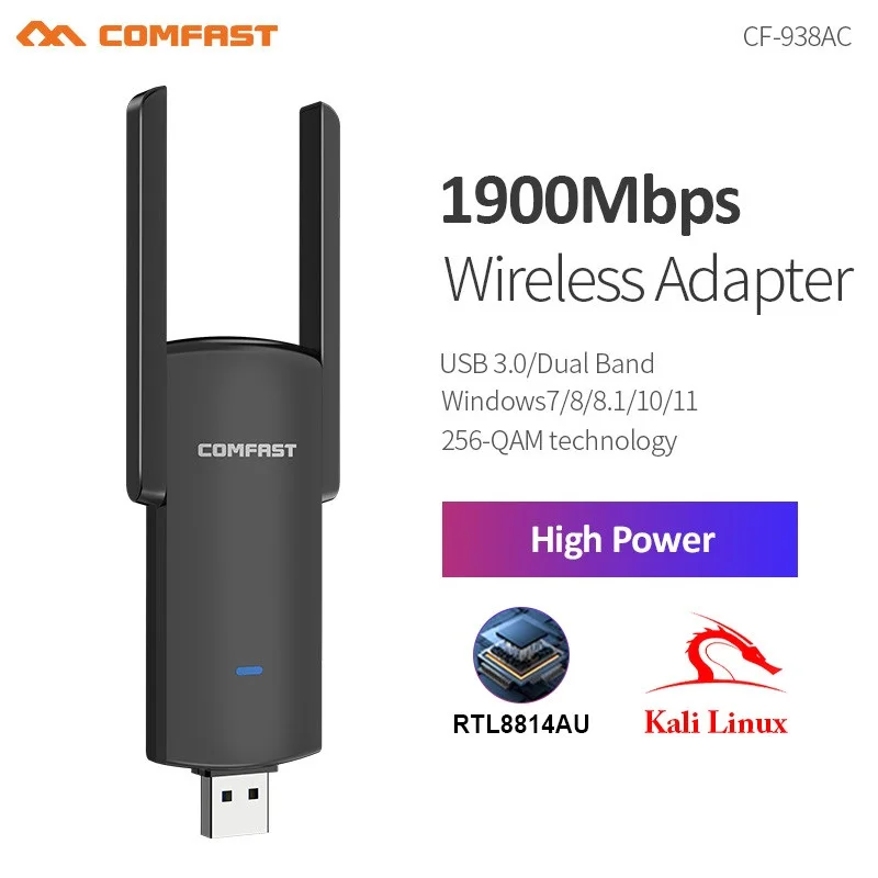 Tarjeta de red inalámbrica USB3.0 de 1900Mbps RTL8814AU, adaptador WiFi de alta potencia, antena de 2dBi de largo alcance, compatible con modo de Monitor Kali Linux