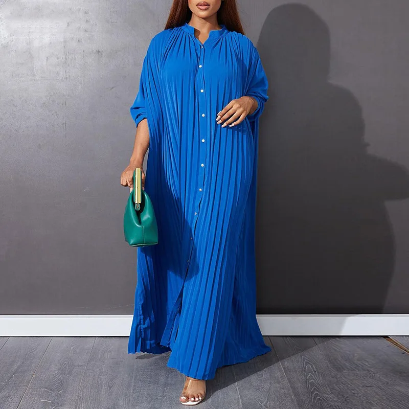Vestidos musulmanes Eid para mujer, Vestidos árabes de Dubái con cuello levantado y una hilera de botones, caftán holgado informal de Ramadán plisado liso