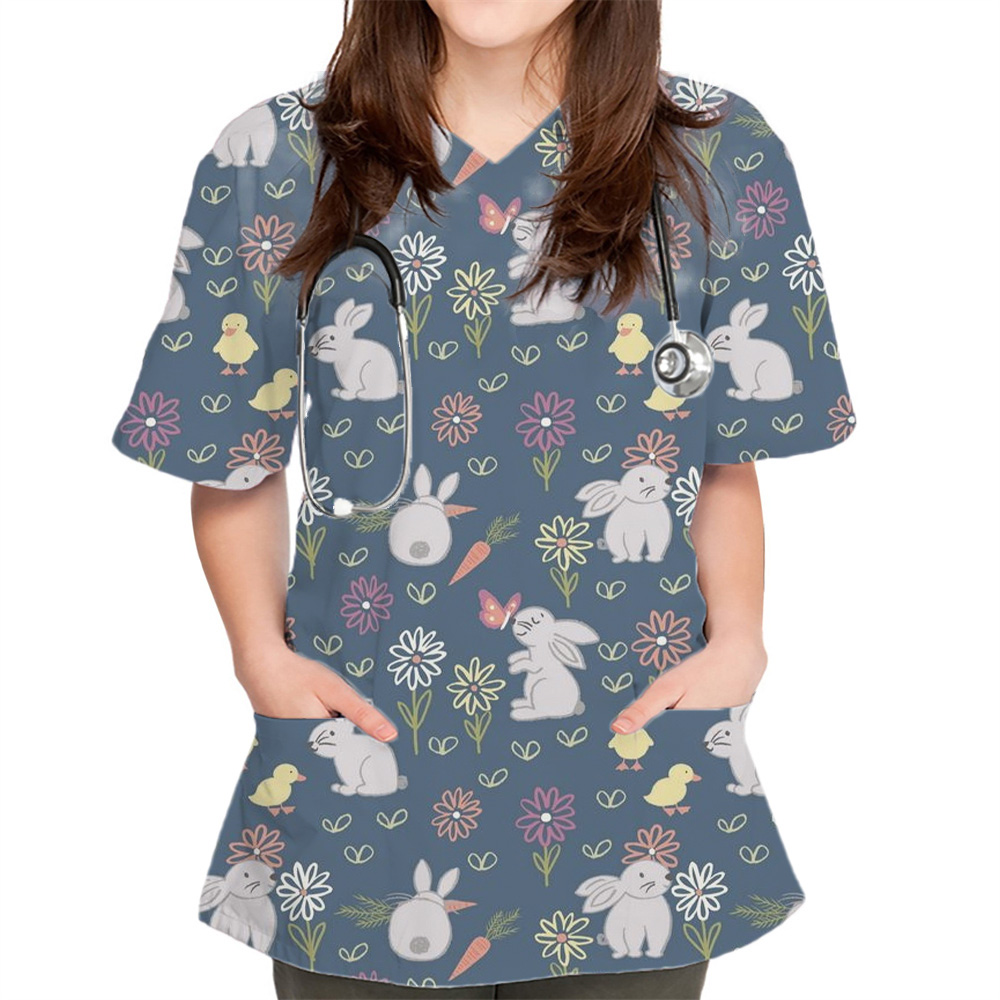 Uniforme médical de gIslande à col en V imprimé lapin mignon de dessin animé pour femmes, poche patchée, manches courtes, générateurs de soins infirmiers en Y