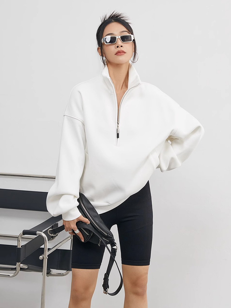 Sweat à capuche surdimensionné avec col montant et manches longues pour femme, pull décontracté, demi-fermeture éclair, document PVD, solide, nouveau, 2024