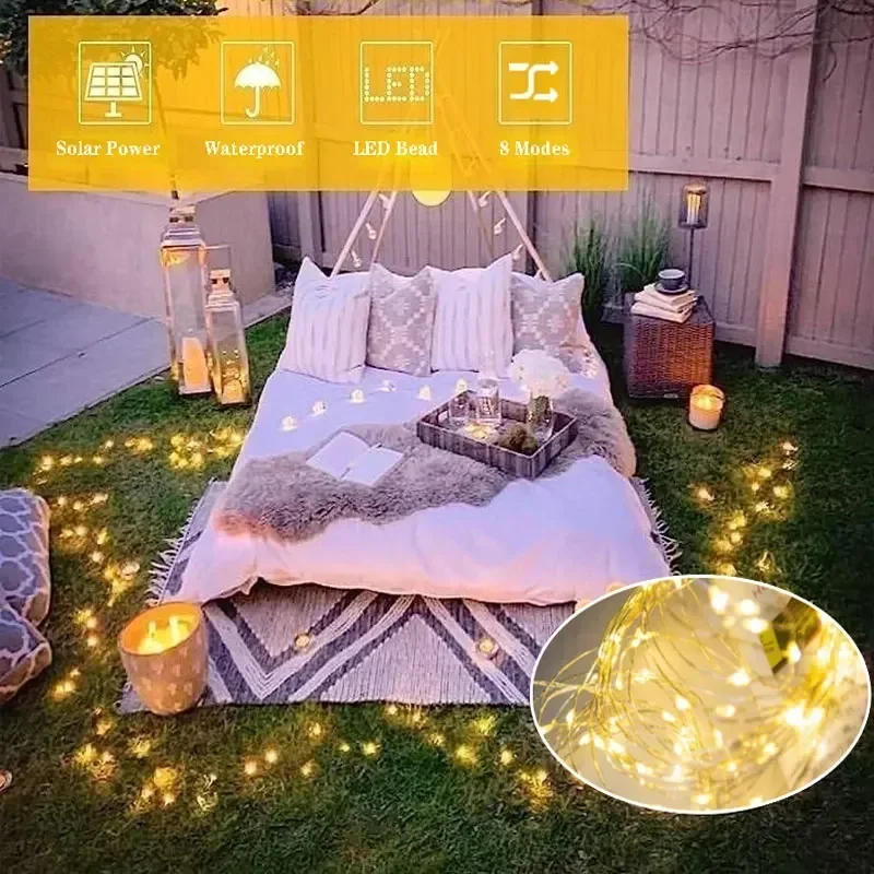 ไฟสาย LED พลังงานแสงอาทิตย์8โหมด7M/12M/22M/32M ไฟตกแต่งสวนกันน้ำ