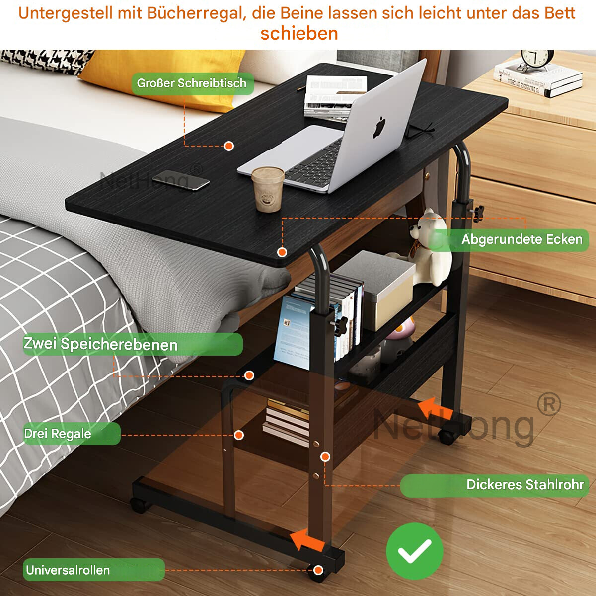 Height Adjustable Mobile Rolling Computer PC Laptop Over Bed Desk Overbed Desk~