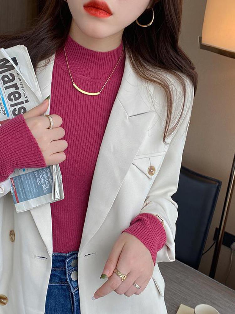 Otoño Invierno suéter de mujer con cuello simulado Vintage básico sólido tejido coreano Tops Casual Jersey ajustado suéteres simples y elegantes
