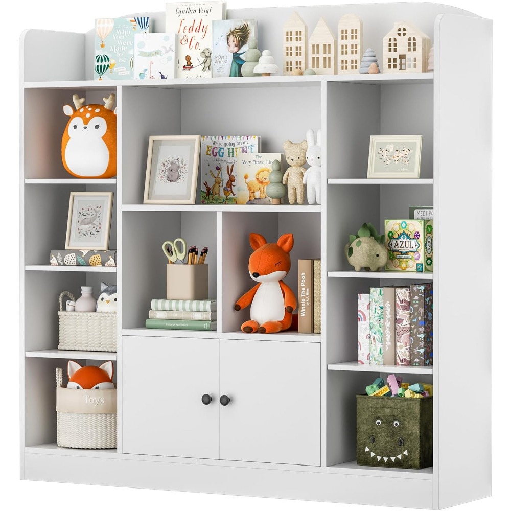 White Kids Bookshelf, Kids Bookcase with 11 Cubbies and 2 Cabinets, Freestanding Book Storage Shelves for Bedroom, Playroom