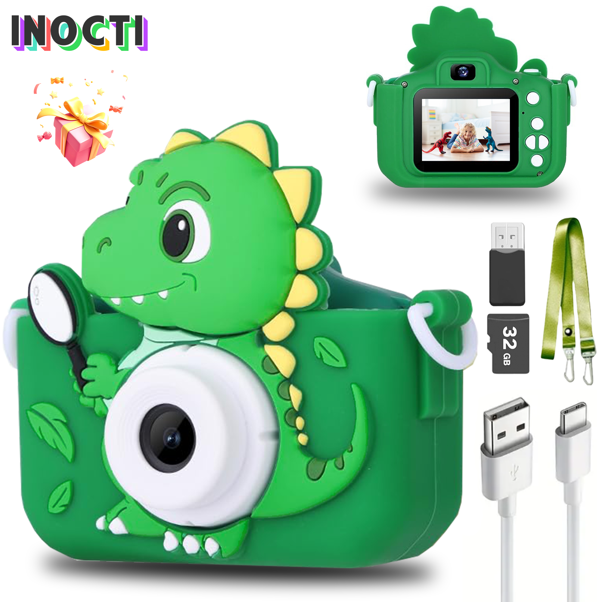 Câmeras de brinquedo infantis de dinossauro, câmera de vídeo hd 1080p, câmera dupla de 48mp com capa protetora de silicone, cartão de 32gb, presente de aniversário para meninos e meninas