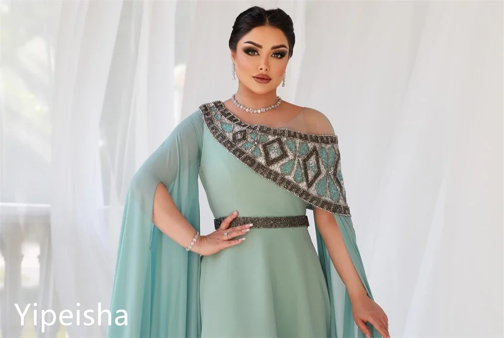 Personalizado jiayigong moda tamanhos disponíveis jóia a linha cocktail noite lantejoulas flores dobrar drapeado chiffon vestidos de baile
