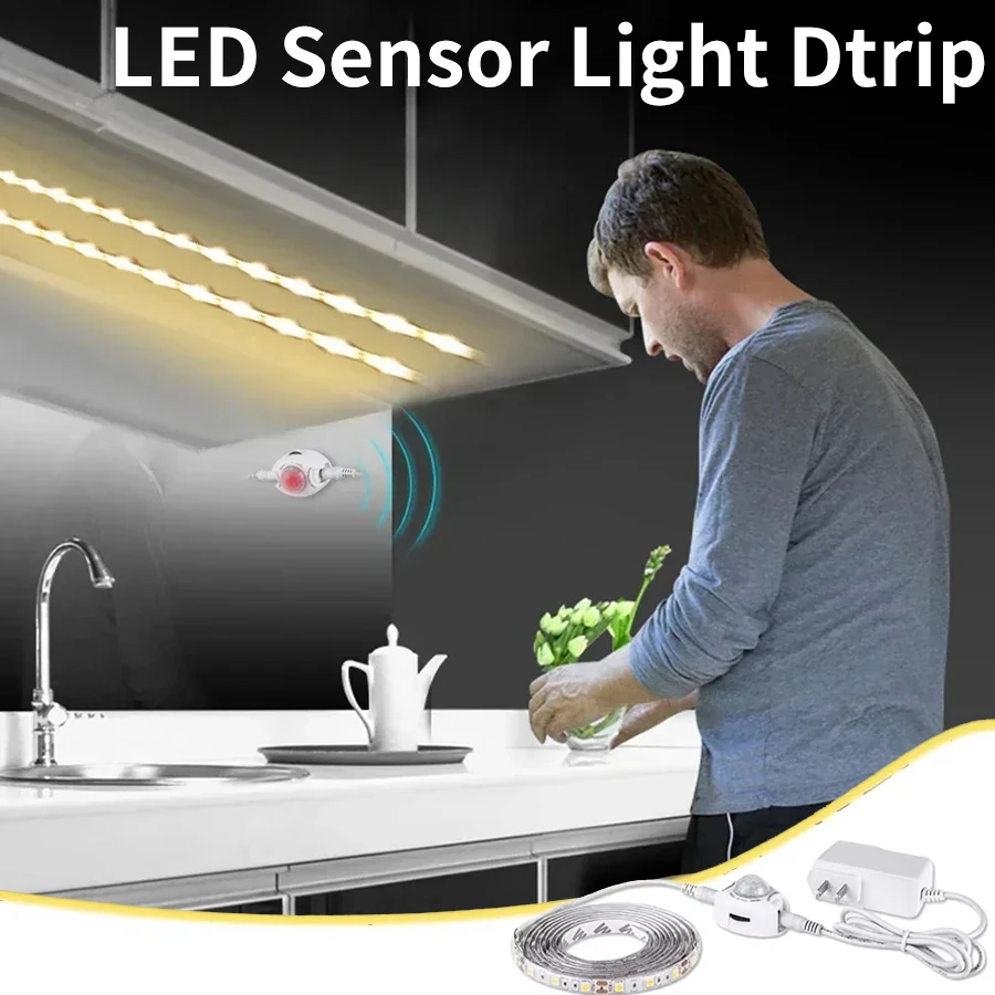 DC12V LED Sensor Light Strip with US EU Power Adapter Dark Sensor Cabinet Light Strip Kitchen Light Bedside Night Lights