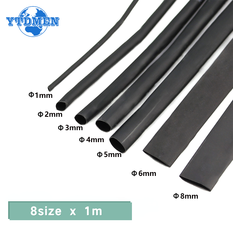 8 metros/juego de tubos termorretráctiles 1/2/3/4/5/6/8mm 2:1 aislamiento negro envoltura termorretráctil para Cable DIY Kit de cables de conector