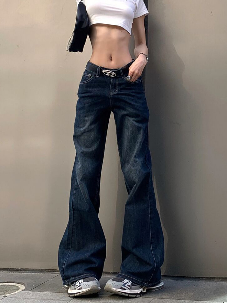 Gyaru日本のフレアデニムパンツ女性用、ヴィンテージベルボトムパンツ、kpopストリートウェア、原宿、y2k、2000s、クラシック