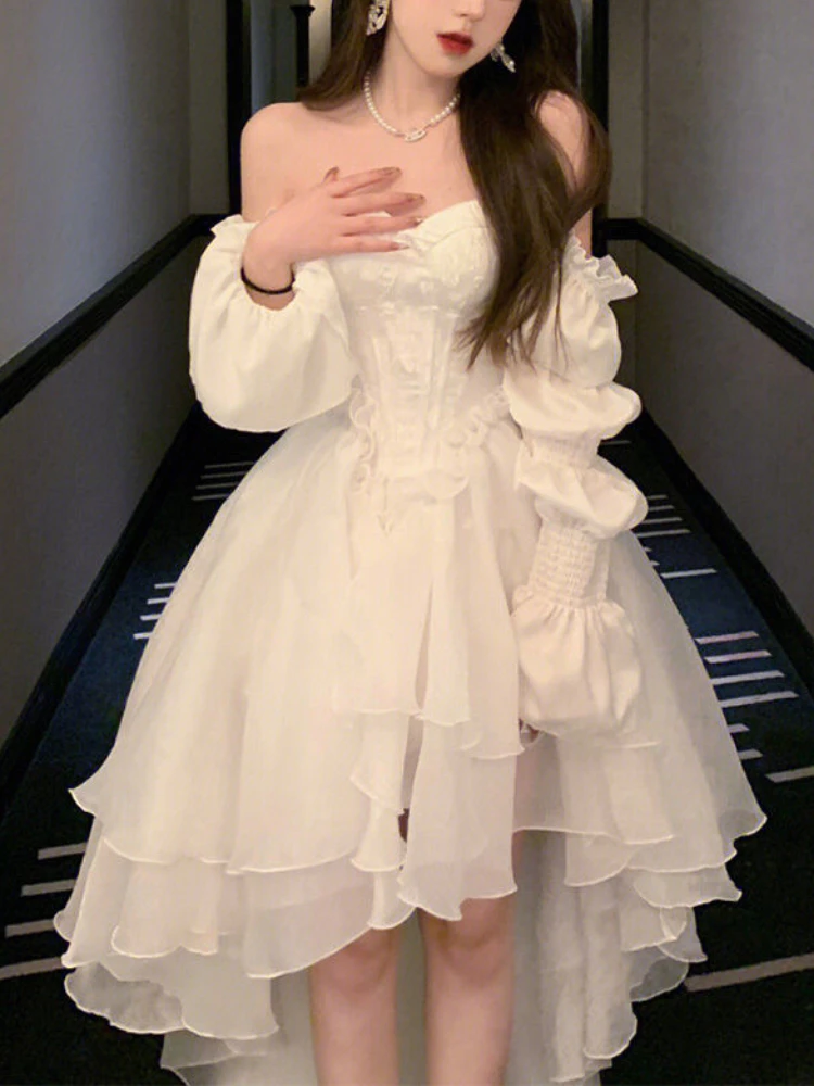 Vestido de hada elegante con volantes para mujer, vestido de princesa blanco dulce de estilo coreano para mujer, vestido de fiesta informal con cuello oblicuo de verano 2023