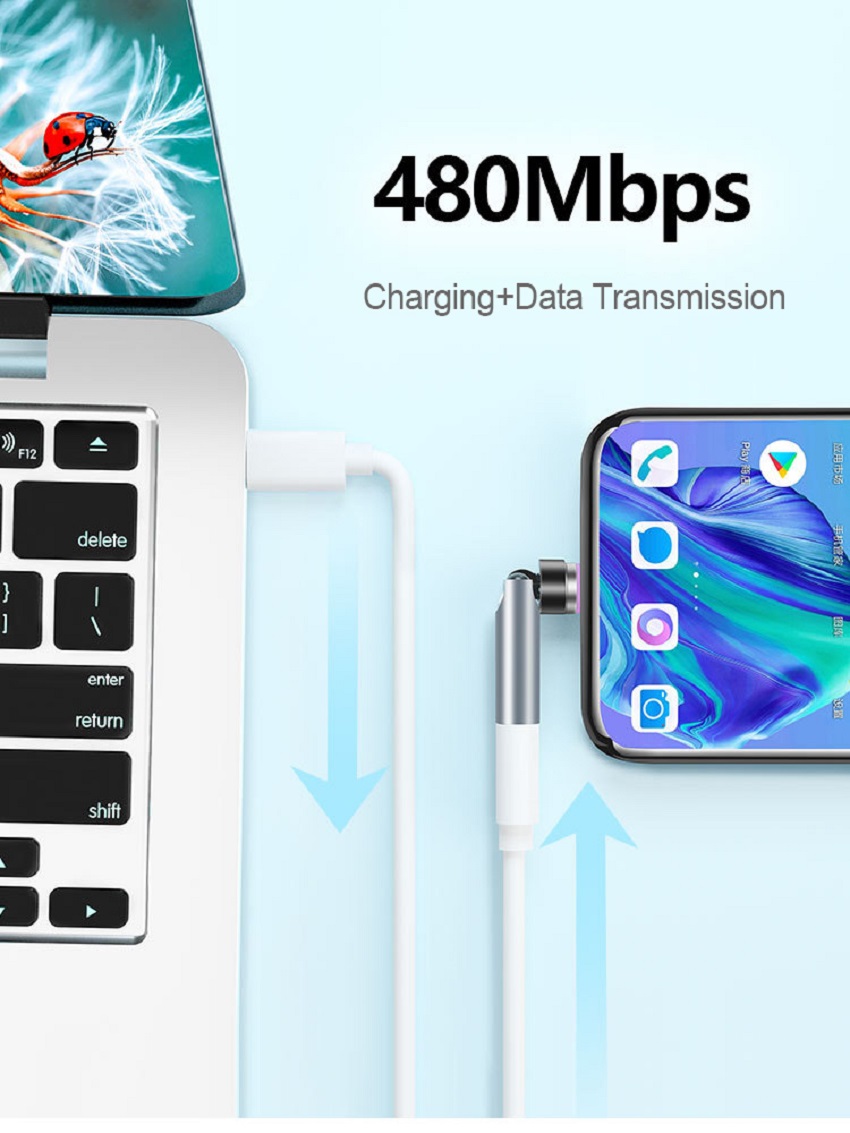 540 °   Cable magnético giratorio de grado, adaptador PD 5A de carga rápida para accesorios de teléfono móvil, conector de Cable de transferencia de datos tipo C