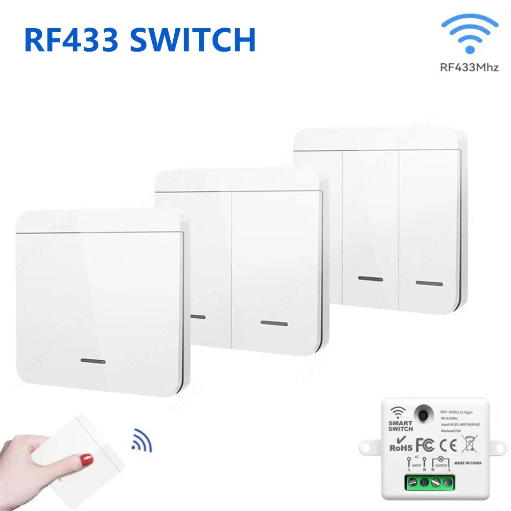 Interruptor sem fio rf433mhz, 1/2/3 gang 86, painel de parede, transmissor, interruptor de luz de segurança, ac 85-265v, receptor de relé para luz led doméstica