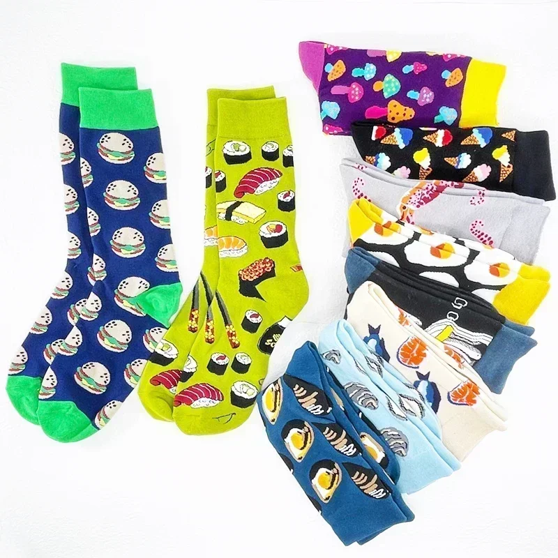 Novedad, calcetines gráficos felices y divertidos para hombres, tortilla de algodón peinado, Rana, hamburguesa loca, salmón, maíz, aguacate, pájaro, calcetín de pez, regalo de Navidad