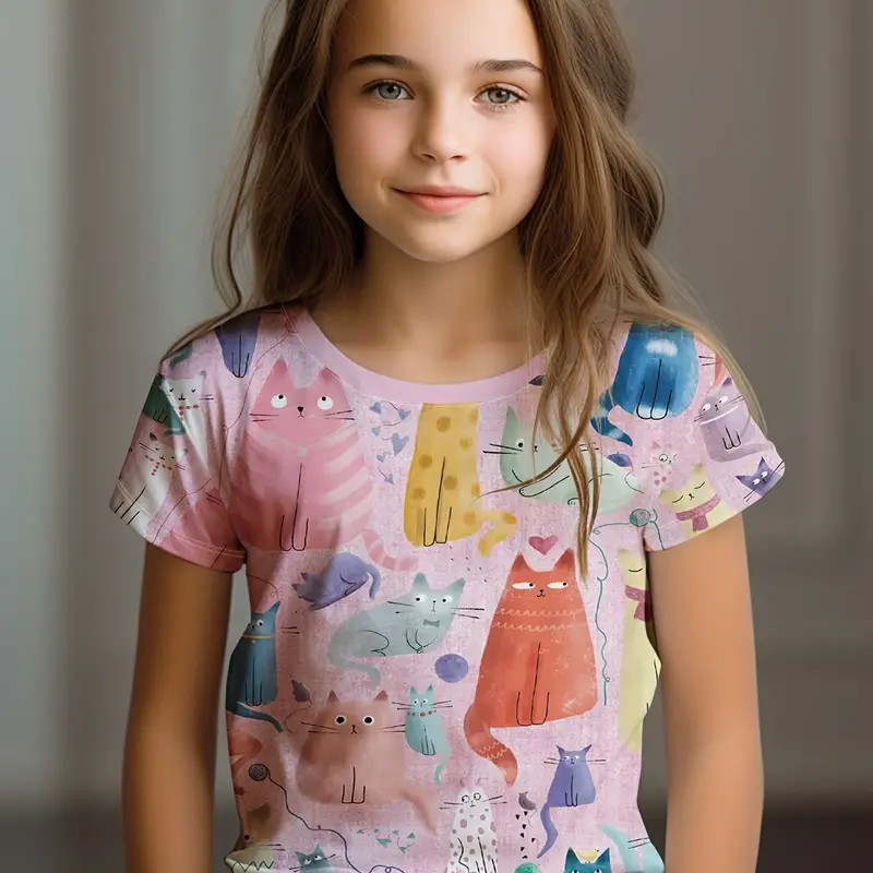 Abbigliamento per bambini T-shirt per bambini Ragazza Manica corta Top Cartoon Cat Kawaii Ragazze Abiti estivi T-shirt per bambini Abbigliamento per bambini