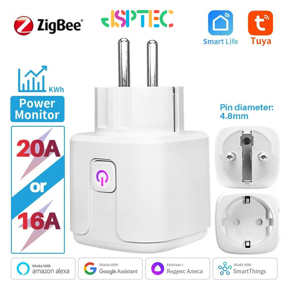 Tuya Zigbee enchufe inteligente 20A enchufe inteligente de la UE con función de sincronización de monitoreo de energía Control de voz a través de Alexa Google Home Yandex