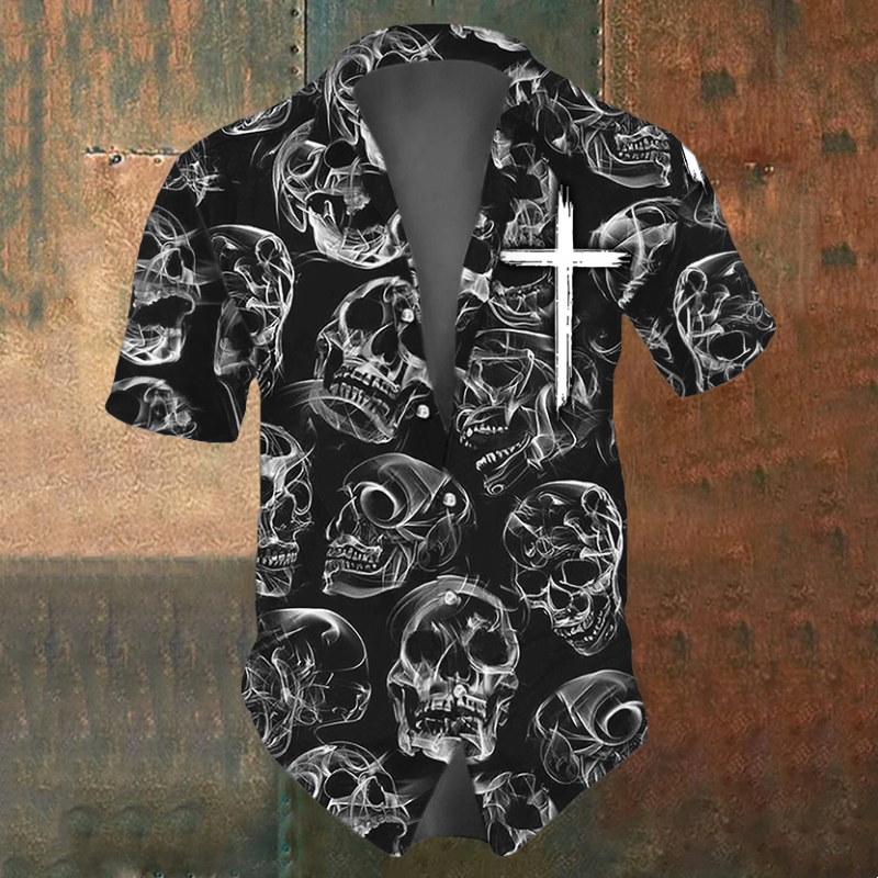Camicie con teschio da uomo Camicia casual estiva a maniche corte per uomo Nero Bianco stampato Abbigliamento da uomo Camicie con risvolto oversize larghe Top