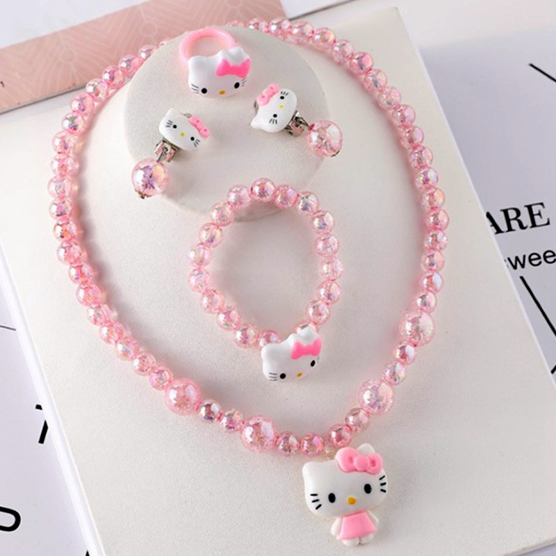 4pcs/set Cartoon Kawaii Hello Kitty Necklace Hairclips Ring Set Toy Kids Hairpins Girl Heart Accessories Birthday Gifts