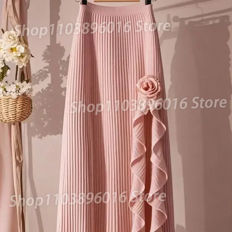 Faldas Mujer Moda 2024 หวานMaxi MidiยาวบางสีชมพูRoseไม่สม่ําเสมอA-LineกระโปรงVINTAGE Harajukuกระโปรงผู้หญิงใหม่Jupe