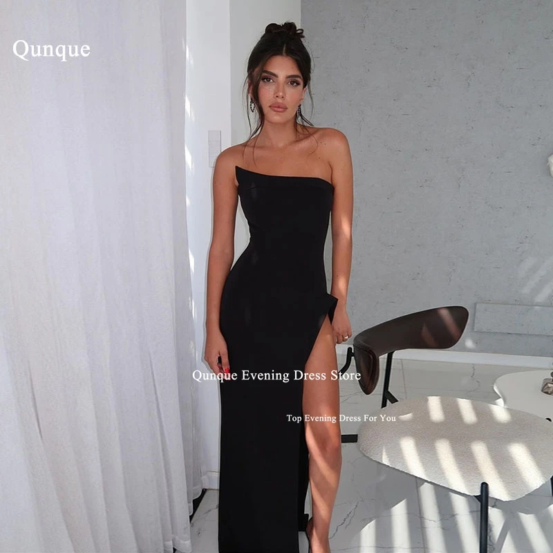 Qunque Elegant Women Evening Dresses Simple Black Mermaid Party Dress Sexy Off Shoulder High Slit Customized Vestidos De Fiesta