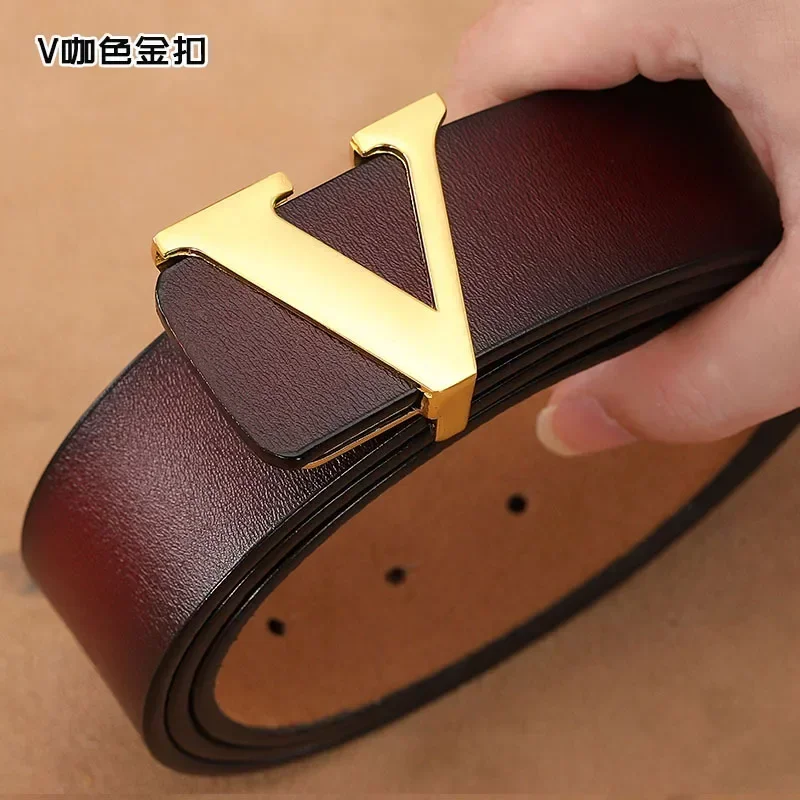 Cinturón con hebilla lisa de alta calidad para hombre, cinturón vaquero con letra V de piel de vaca pura de cuero genuino para hombre y mujer, cinturón masculino de lujo de diseñador
