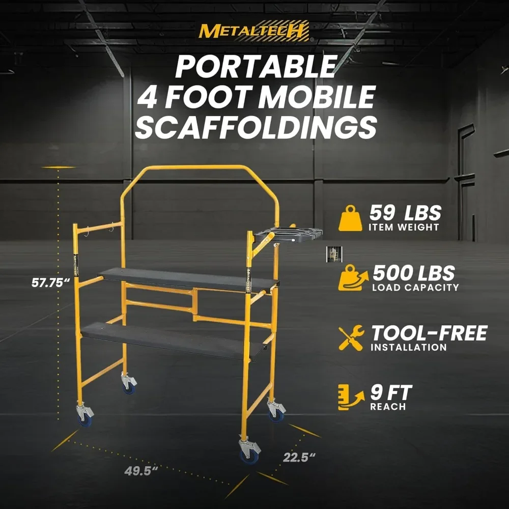 4 Ft Scaffolding Platform, Adjustable, Foldable and Rolling Scaffold Platform with 4-Inch Locking Wheels for Construction