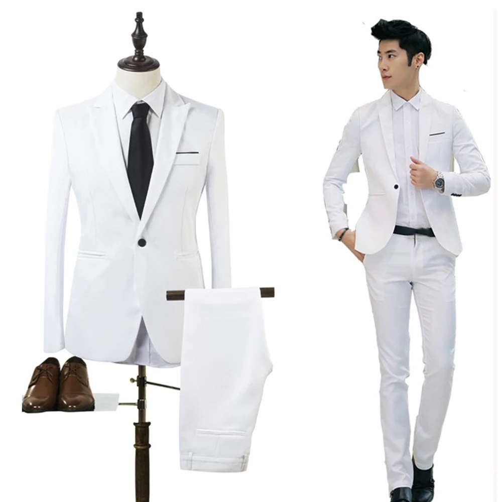 Blazer + calças 2 pçs/set masculino formal blazer jaquetas casaco calças smoking casamento fino vestido de negócios terno roupas para homem