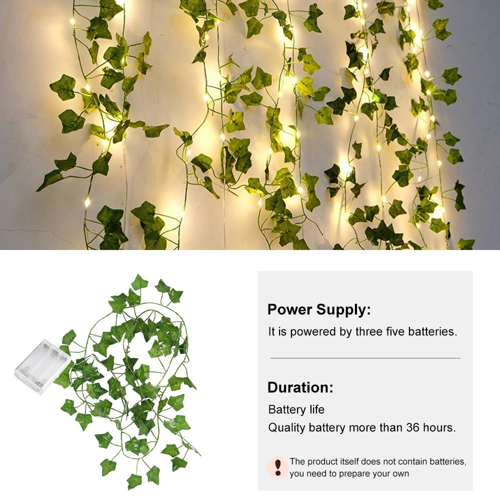 2 Meter 20 LED-Efeu-Glühbirnen, Lichterkette, künstliches grünes Blatt, batteriebetrieben, Weihnachtsbaum-Girlandenlichter für Jäten, Heimdekoration